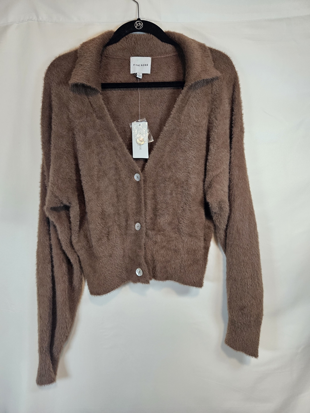 Pink Rose Cozy Brown Fuzzy Button-Up Cardigan